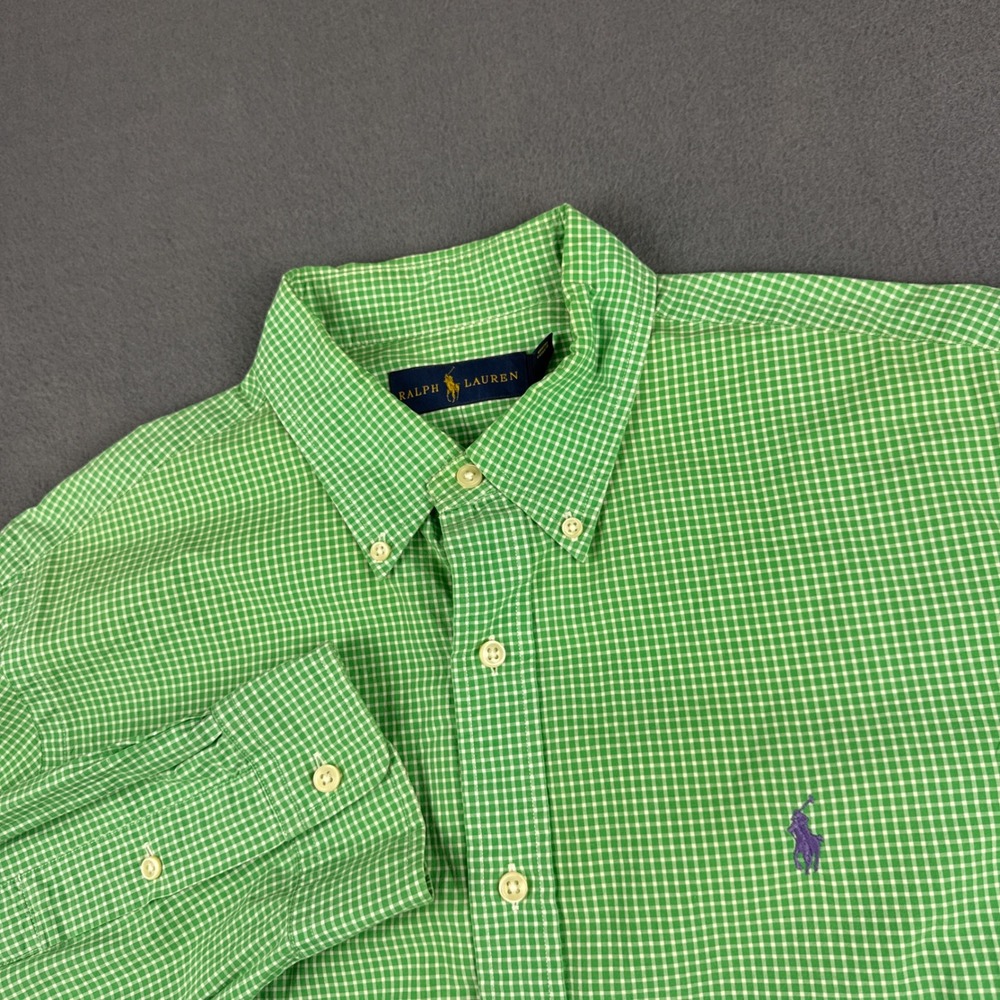 Polo Ralph Lauren Shirt Men's L Green Gingham Check Long Sleeve Button Down Pony